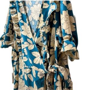 Blue Floral Wrap Blouse Womens 4XL Ruffle Peplum Boho Plus Size Top